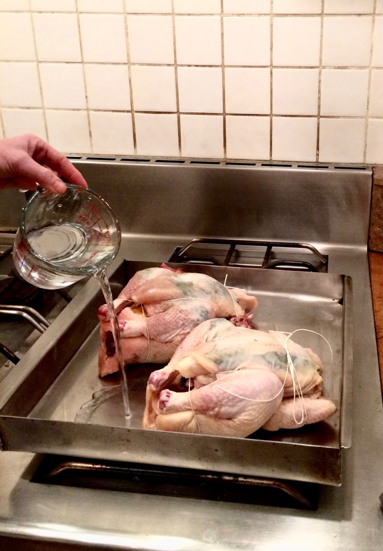 Pouring water into roasting pan.