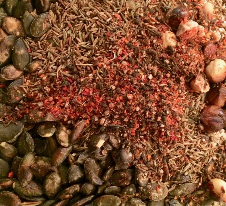 Fennel, hazelnuts, paprika, fleur de sel, black pepper, freshly ground